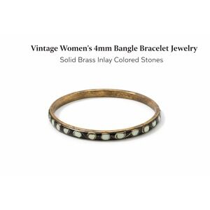 Vintage Womens 4mm Bangle Bracelet Solid Brass Inlay Colored Stones Gold‎ Black